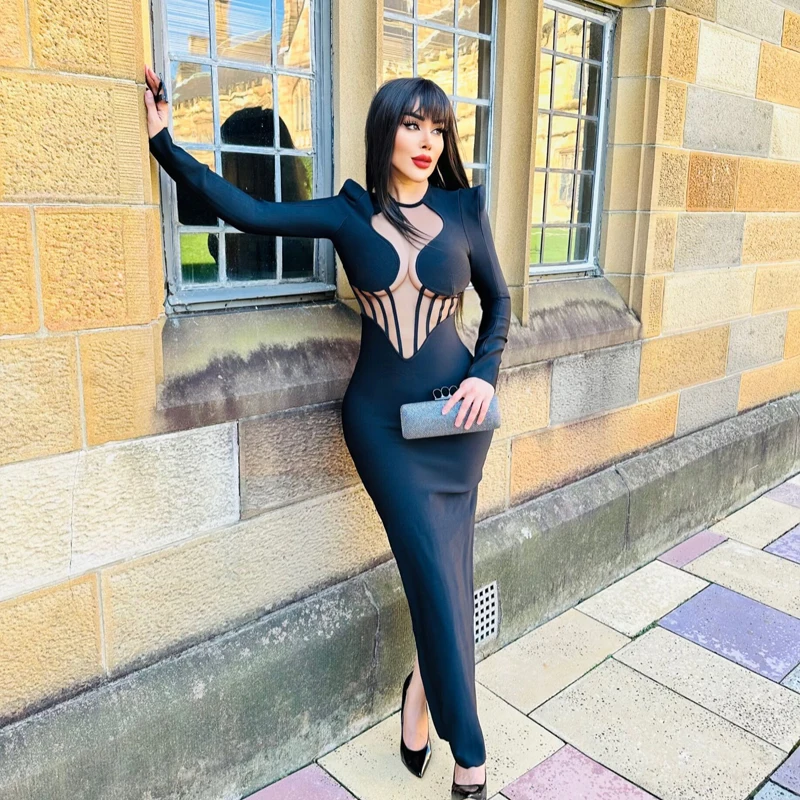 Wholesale Black High Fashion Elegant Sexy Chic Modest Luxury Tight Evening Dinner Bodycon Party Robe Cocktail Bandage Dresses