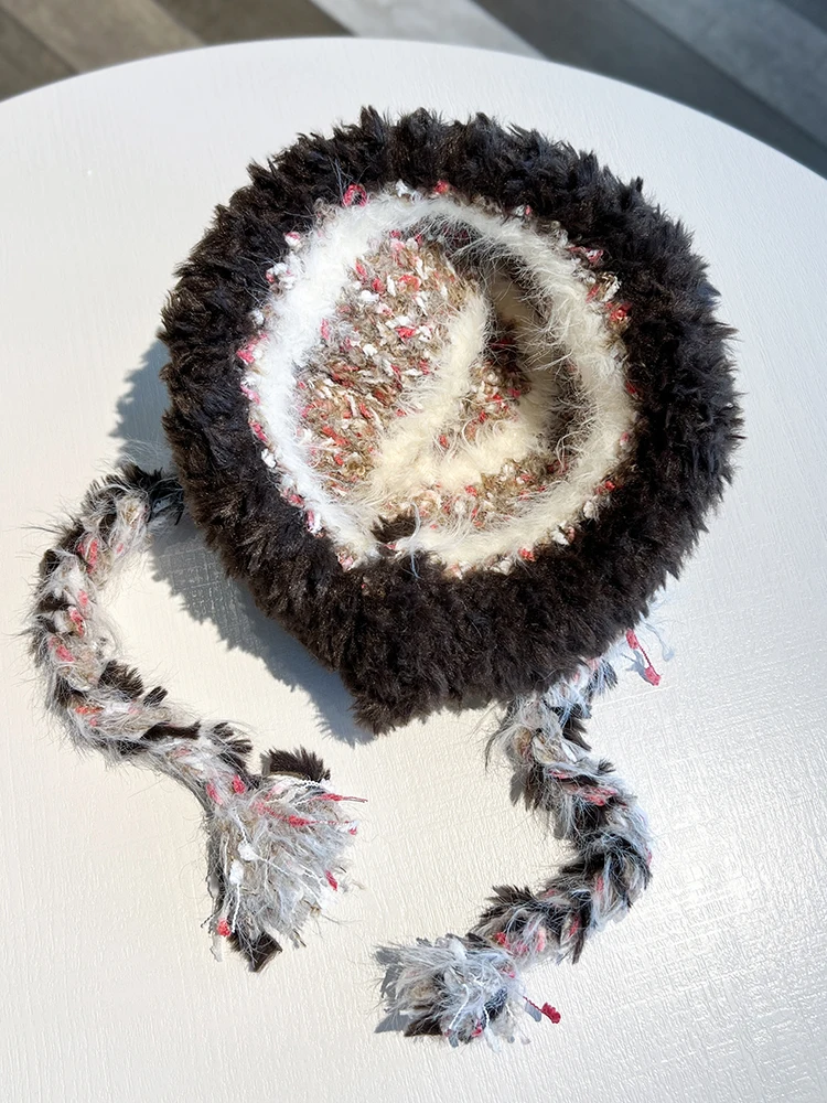 Striped Pattern Knitted Plush Beanie Cap Warm Thickened Women Hat Lady Beanie