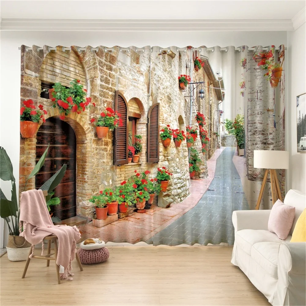 European Street View Alley Polyester 3D Landscape Floral Photo Blackout Curtain for the Living Room
