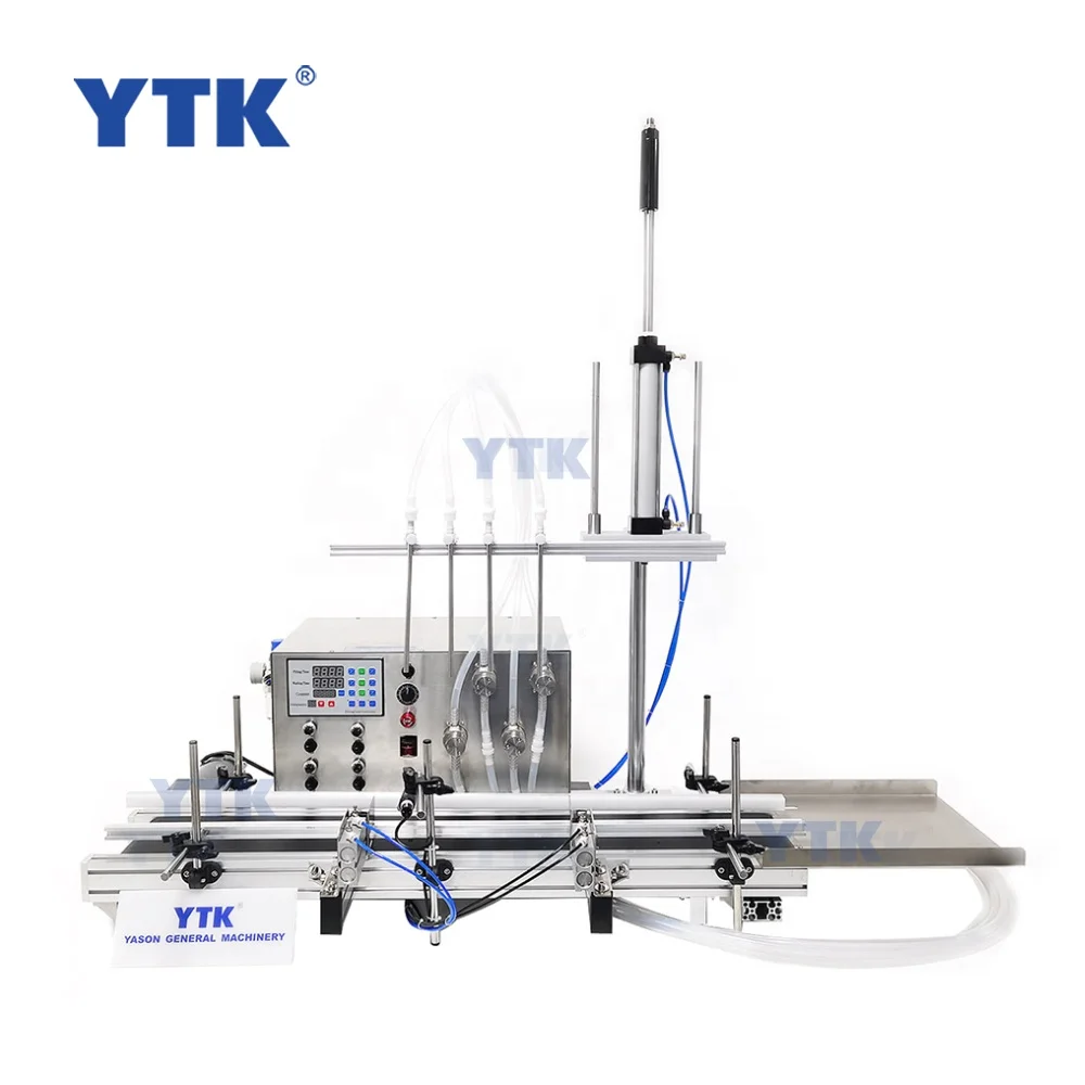 YTK-DMP4P Semi Automatic 4 Nozzles Magnetic Pump Water Beer Oil Bottle Liquid Filling Machine With Lifting Belt And Conveyor