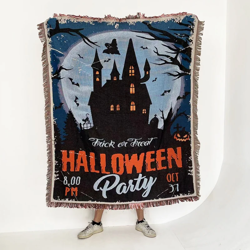 Manufacturer Quick Customization Logo  Tapestry Woven Polyester +Cotton Blanket Halloween Tapestry Hoodie  Throw Woven Design