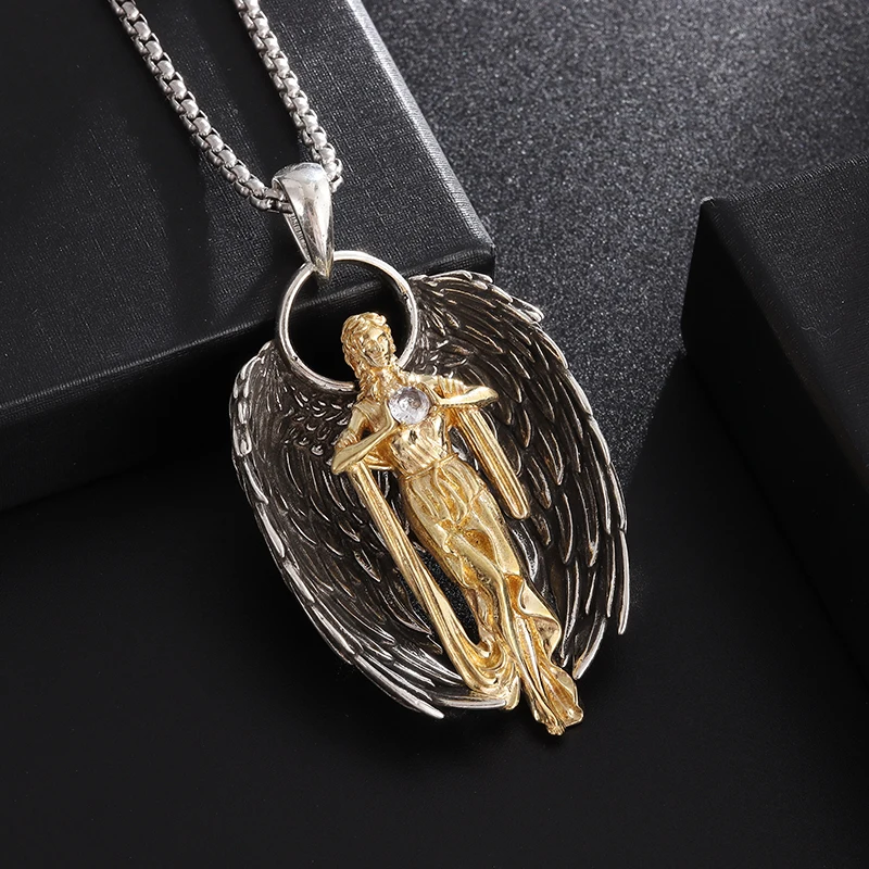 Retro personality creative exquisite angel wings pendant Angel St. Gabriel Paladin necklace male and female Christian amulet