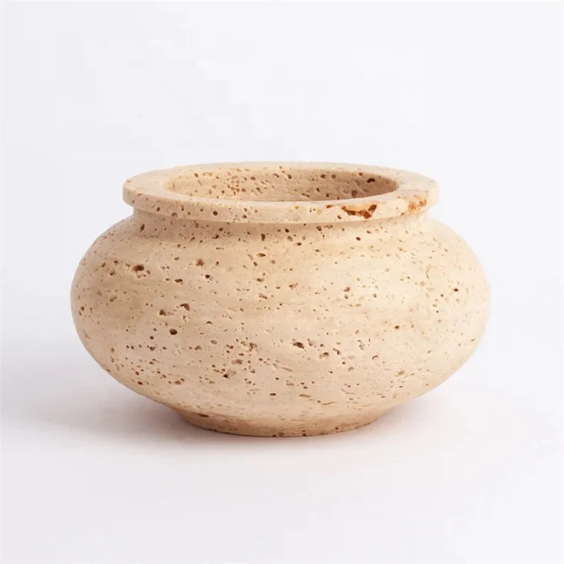 Vintage Beige Travertine Sculptural Stone Flora Vase And Planter Pot