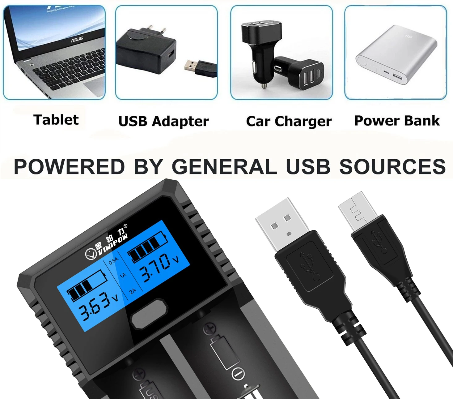 Portable Fast Cell Charger 2 Slots 3.6V 3.7V Battery Charger With LCD Screen charger for 18650 lithium NiMH Batteries