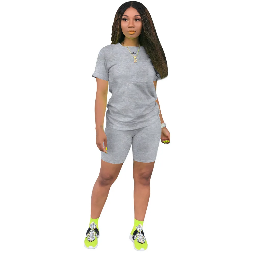 Spring sportswear casual round neck short ensembles two piece sets for ladies breathable solid logo custom 2 piece set women
