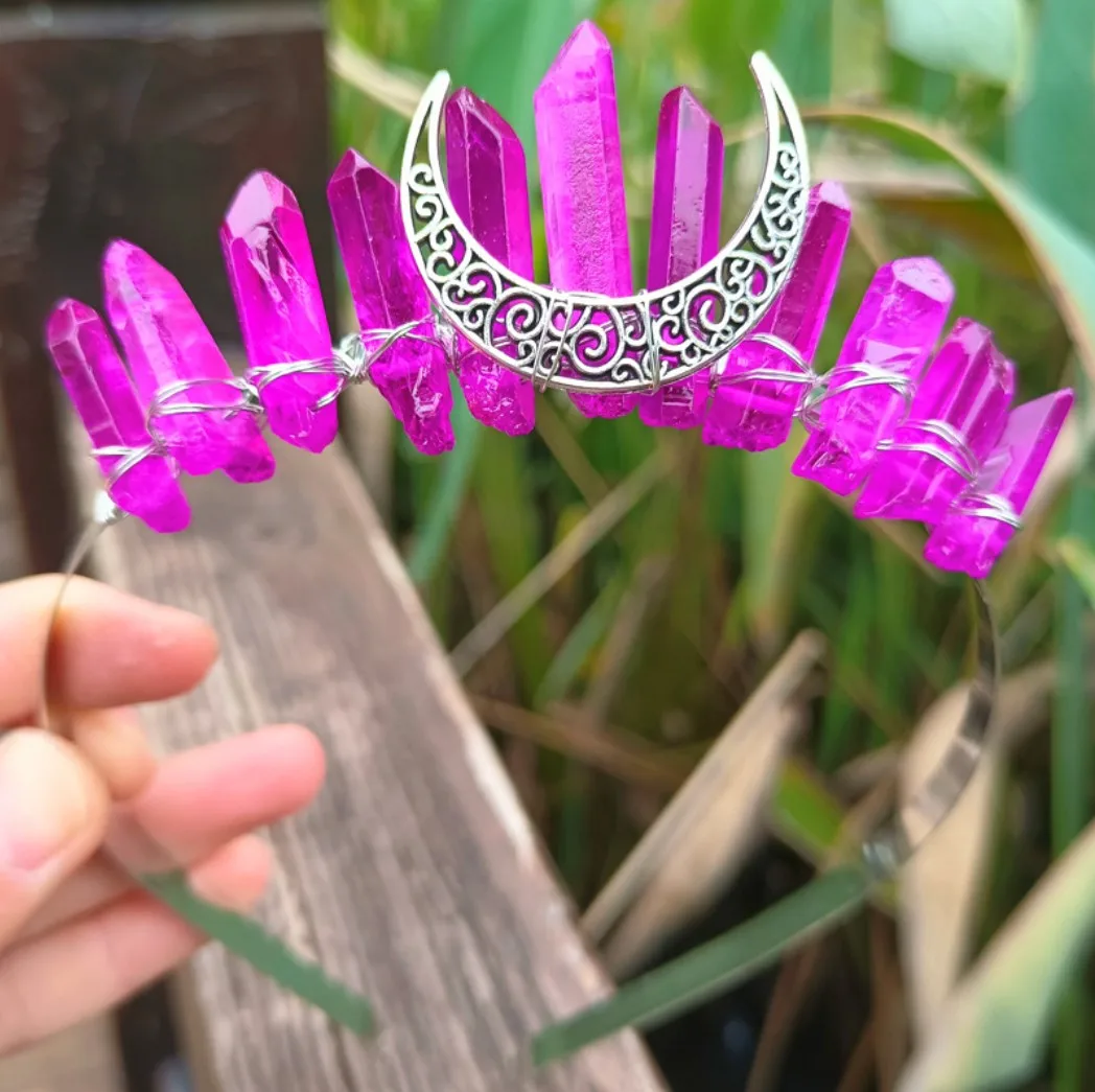 Handmade Natural Crystal Stone Crown Moon Hair Hoop Headband