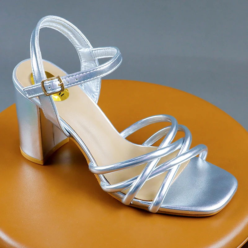 Women High Heels Sandal Sexy Slingback Sexy Criss-cross Square Open Toe Dress Shoes 9CM Block Heeled Ladies Party Nude Shoes