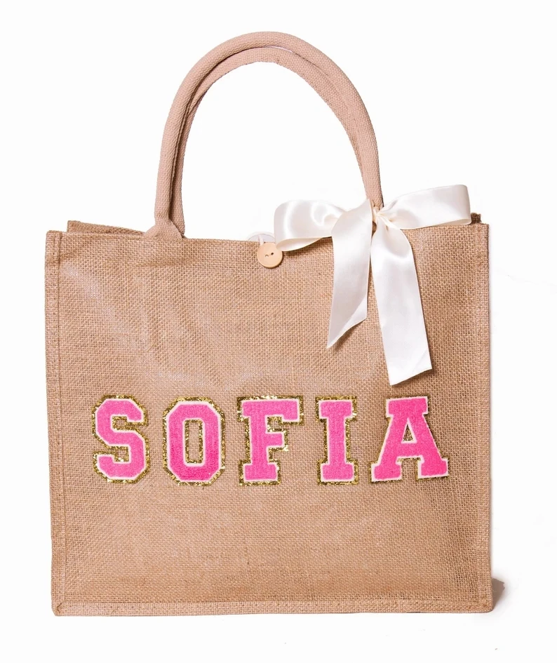 Bride Beach Jute Bag Customized Chenille Letter Patch Personalized Beach Bag Bridesmaid Bachelorette Gift Tote Bag with Name
