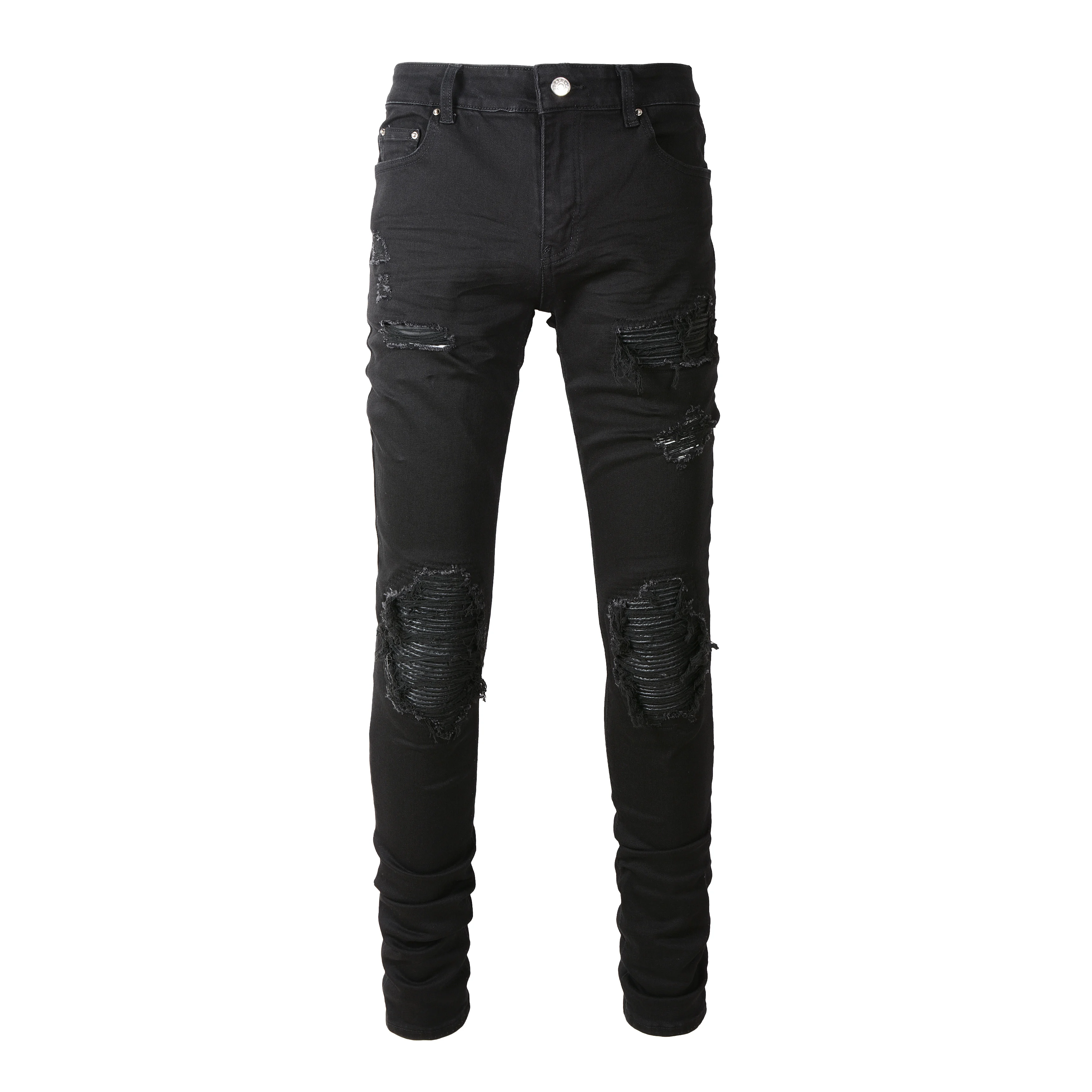 Rts For Dropshipping 8520 Skinny Slim Fit Wrinkled Scratched Relaxed Denim Black Destroyed Skinny Jeans Patch Men Jeans