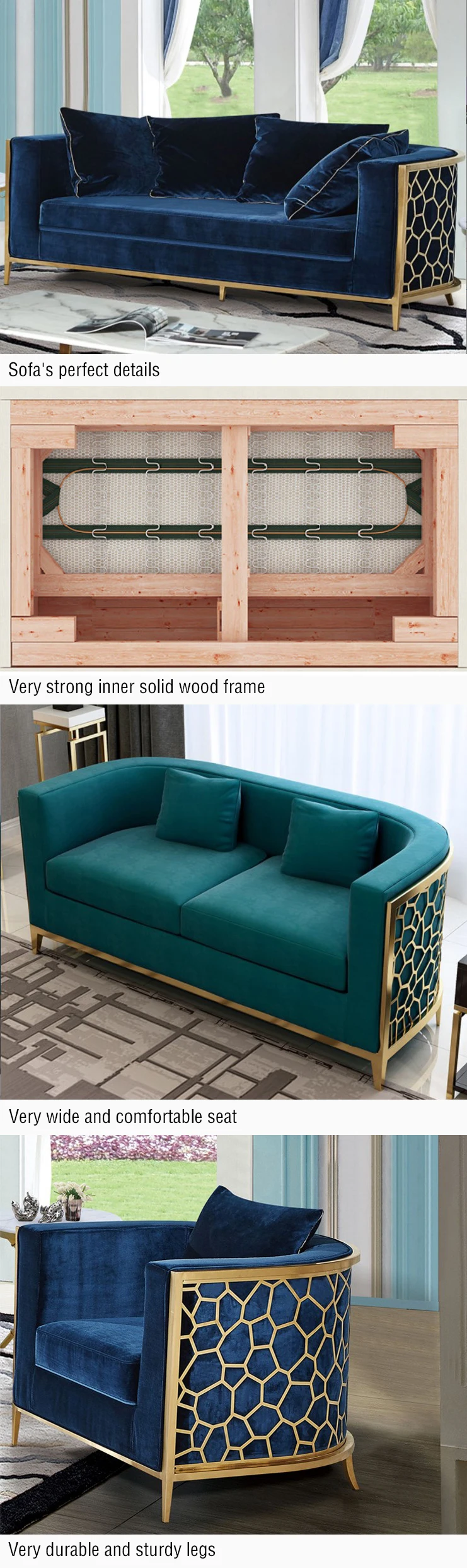 Lower price factory direct popular green velvet mid century couch living room sofa home designer furniture