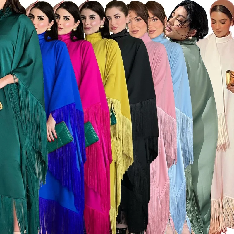 PROMISTAR Bat Sleeve Tassel Kaftan Muslim Women Modest Party Dress Summer Made from Silk Viscose Long Fashion Abaya Adults