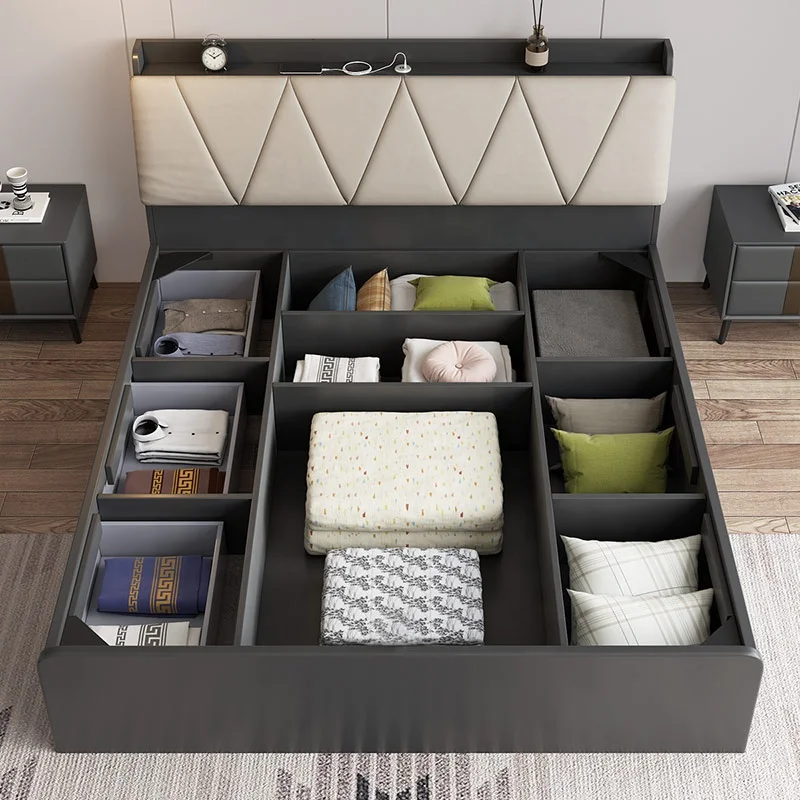 Hot Sale  Bedroom Furniture Storage Bedside Lift Up Double Size Storage Wood Bed