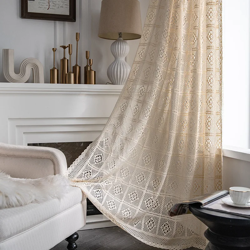Wholesale Cotton Polyester Material Crochet Hollow Out Woven Bohemian Style Living Room Curtain With Tassels