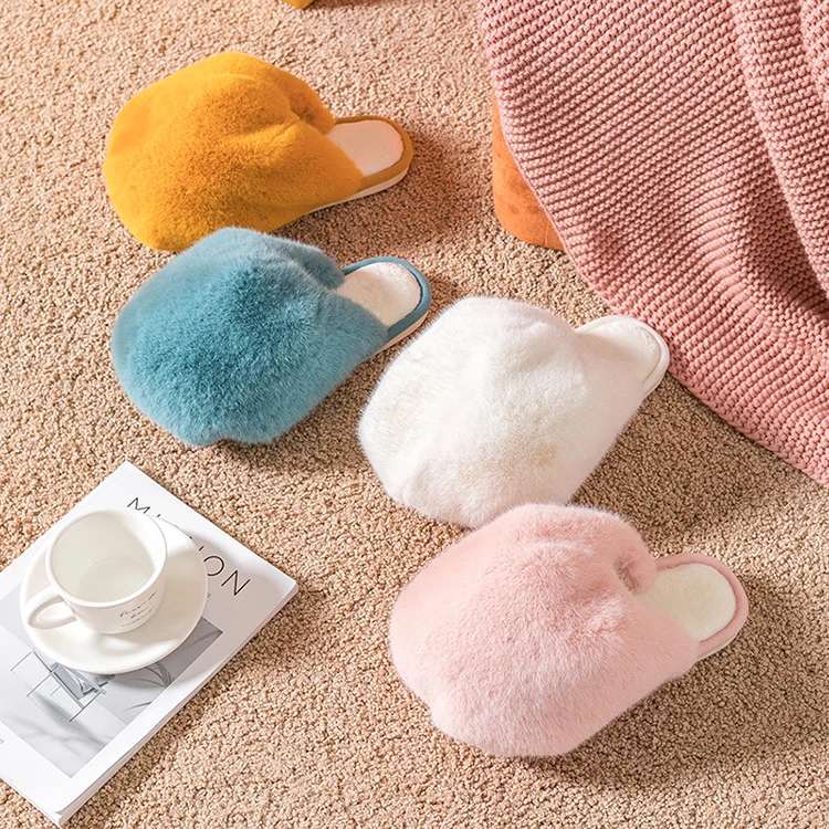 Women Fluffy Imitated Rabbit Fur Closed Toe Cute Cat Home Bedroom Fashion Fur Slides Slippers