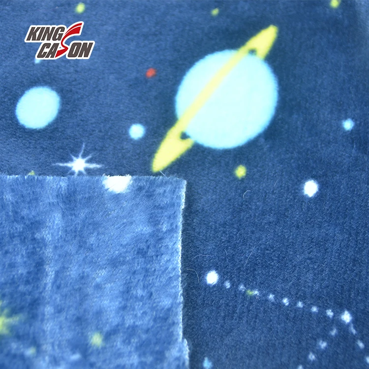 Kingcason OEM Custom Space Pattern Printed Blue Recycled 230gsm 240gsm 1.6m Coral Flannel Fleece Fabrics For Winter Home Textile