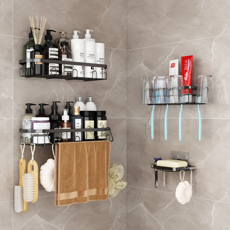 4 pack-stainless steel adhesive corner shelf shower caddy wall mounted bathroom organizers storage rack with hooks