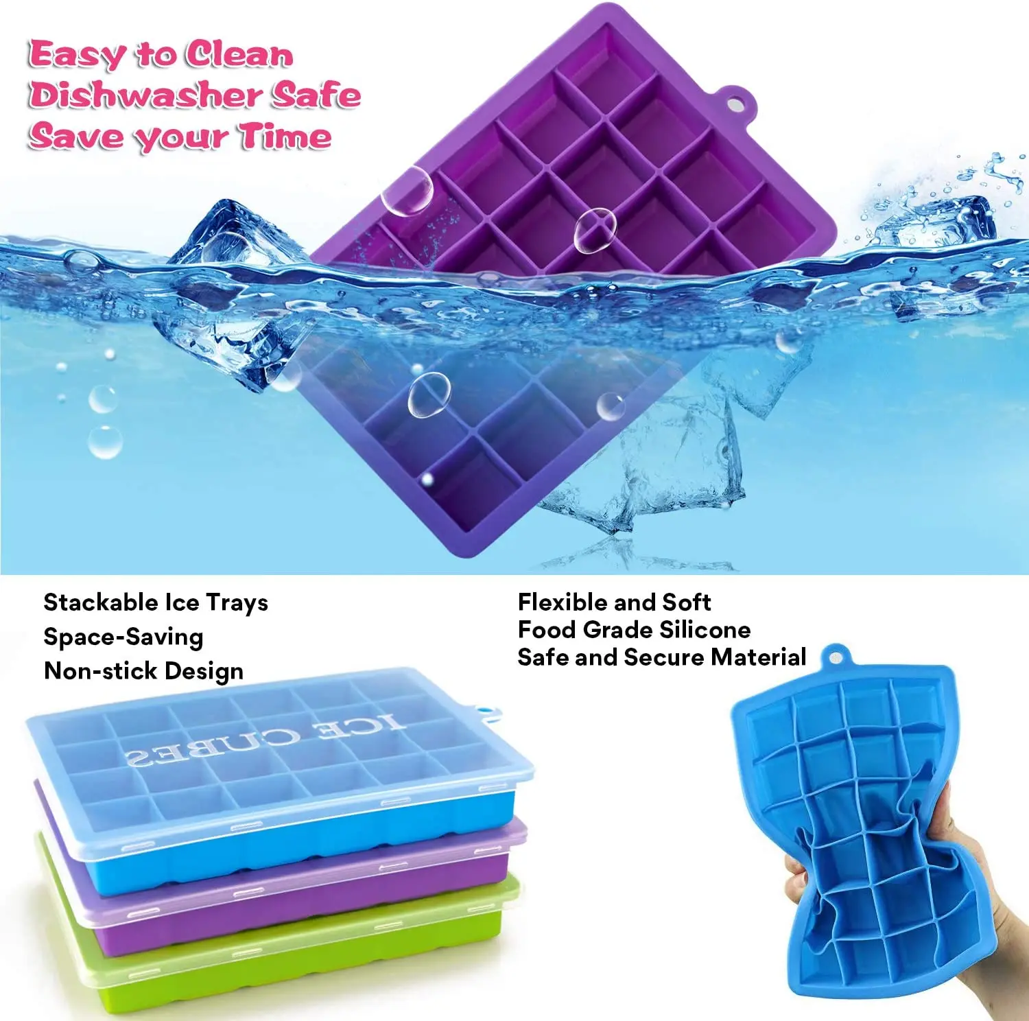Reusable Silicone Square Ice Cube Tray BPA Free Food Grade with Custom Logo Stackable Ice Cube Trays