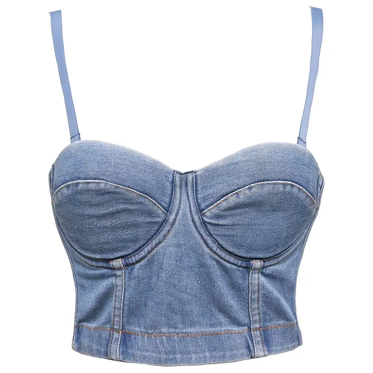 Plus Size Vintage Denim Tank Top Push Up Corset Bustier Spaghetti Strap Bohemian Denim Corset Top