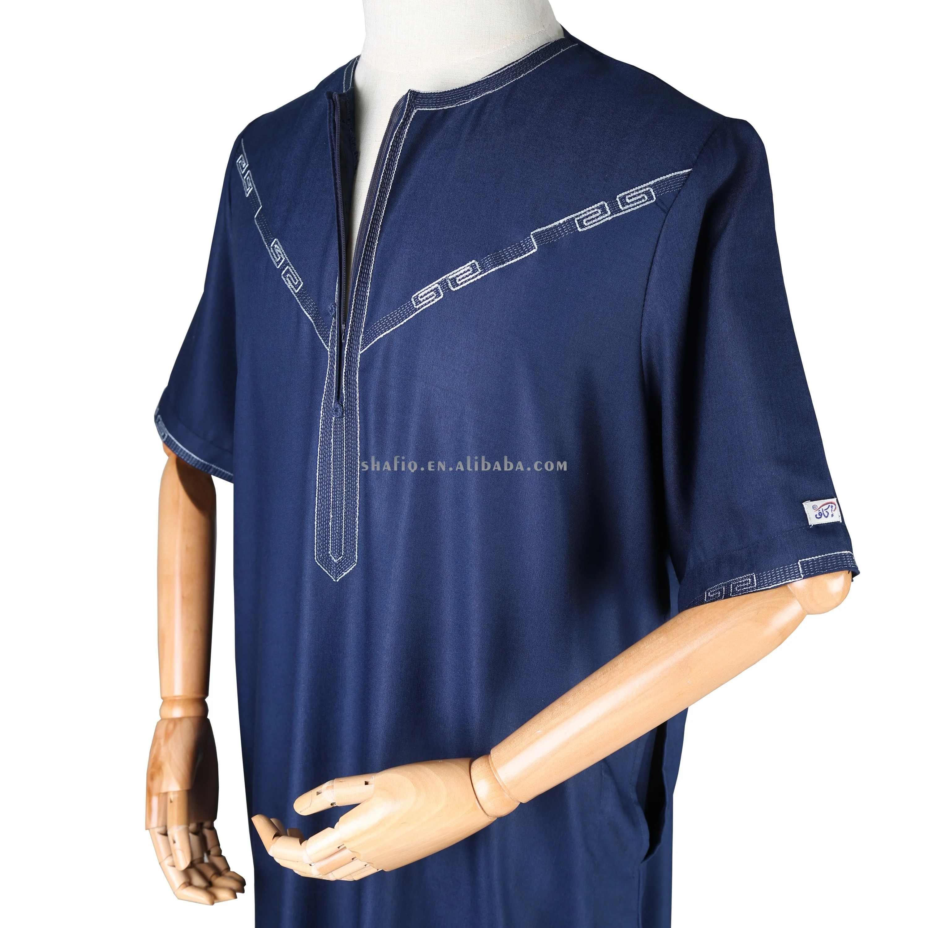 Short Sleeve Embroidered Round Neck African Muslim Prayer Jalabiya Islamic Clothing Jubah Boubou Men Thobe With Zip