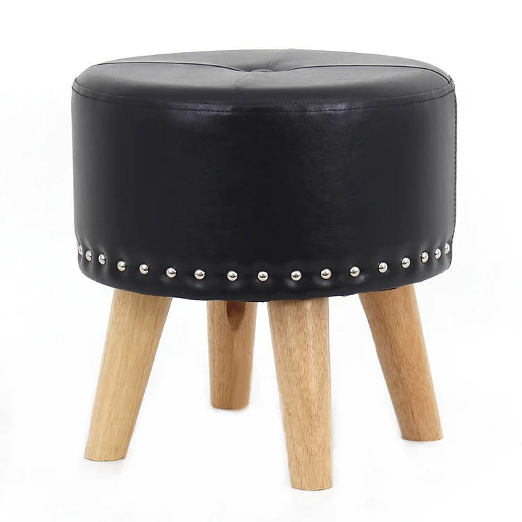 Customized black faux leather round stool ottoman with wooden legs for living room