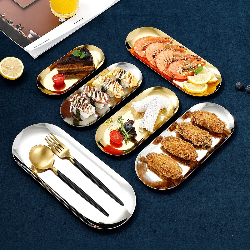 WORTHBUY High Quality Stainless Steel Oval Dinner Plate Food Silver/Gold Serving Tray Wholesale