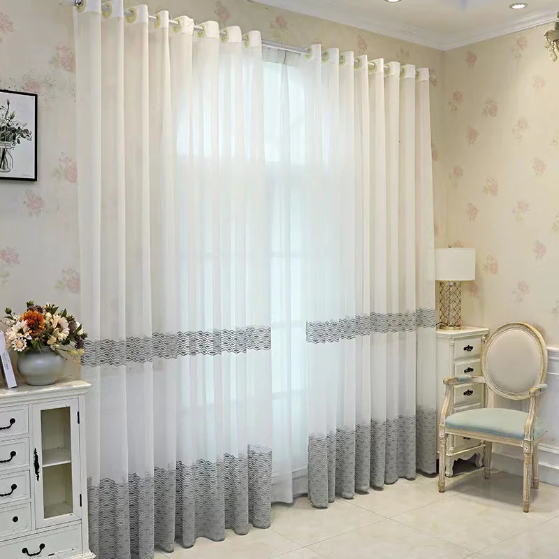 Simple and modern style printing white sheer embroidered voile curtain for bedroom living room