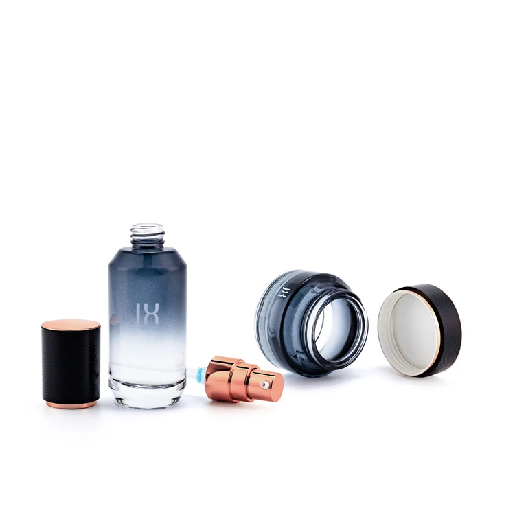 Wholesale high quality black gradient 50g 40ml 100ml 120ml shampoo serum skincare cosmetic glass dropper bottle jar set