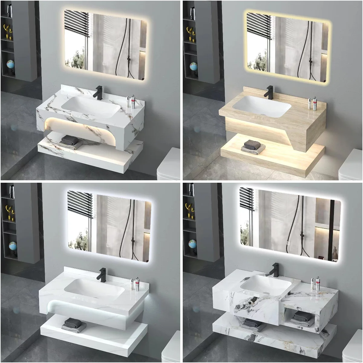 Hotel Wall Mount Marble Sintered Stone bathroom vanity cabinet with ceramic basin and towel shelf