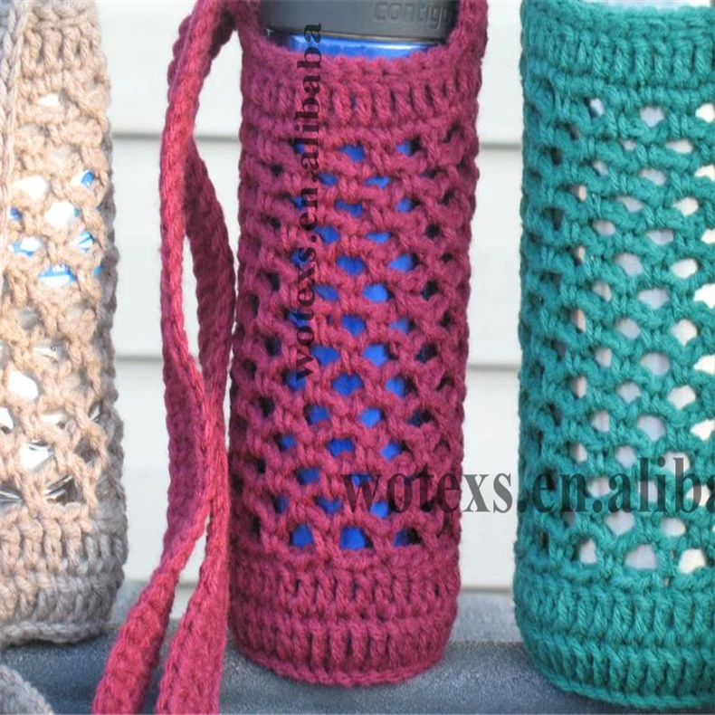 BM038 Free samples custom knit jacquard Cross Body Water Bottle Cover with straps Crochet Water Holder Water Bottle bags
