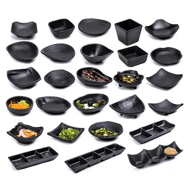 EGRANG Melamine Elegant Black Matte Condiment Dish, Unbreakable Irregular Shape Plates, Divided Sauce Dish For Restaurant