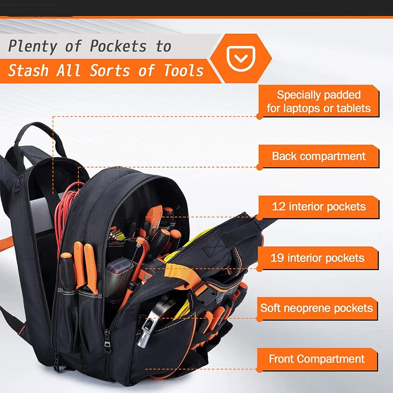Waterproof Tool Bag With Laptop Compartment Durable Tool Carrier with Charging Port Large Capacity Tools Storage Backpack