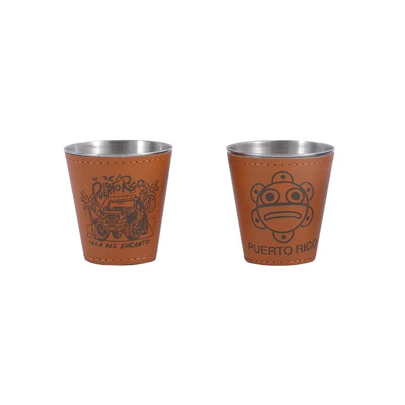 Stainless Steel Shot Cups Drinking Vessel With Brown Leather