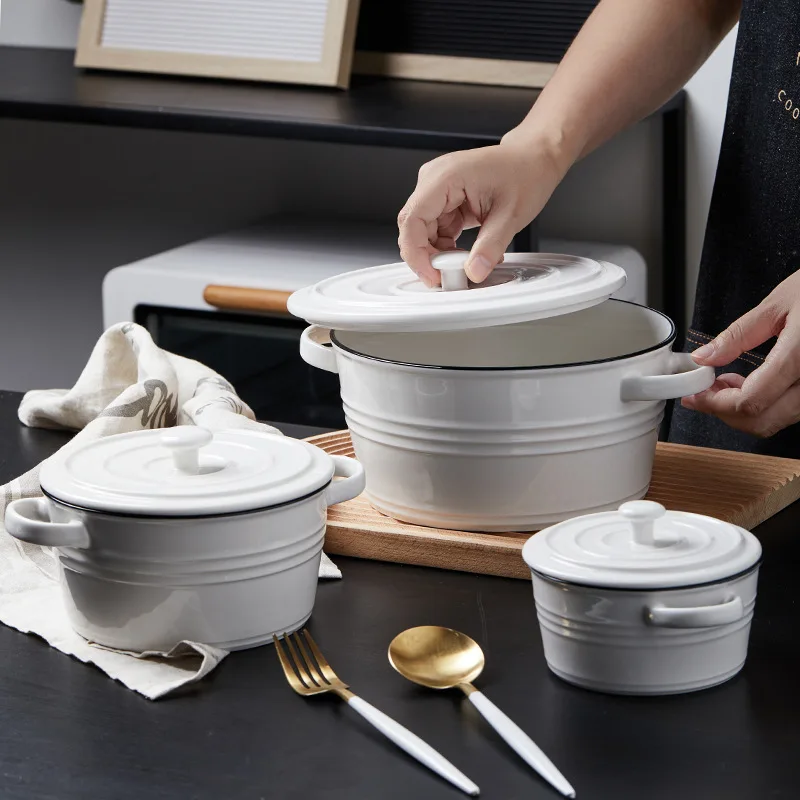 Nordic Brief Style Ceramic Soup Bowl Casserole Handle And Lid Anti Scald Breakfast Oatmean Dessert Salad Ramen Bowl Dinnerware