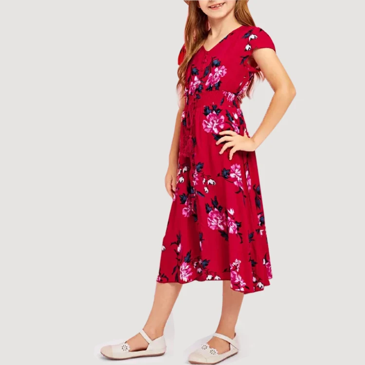 
Custom New Fashion Girls Tassel Tied Button Up Dress Kids Clothing Girl Dress 