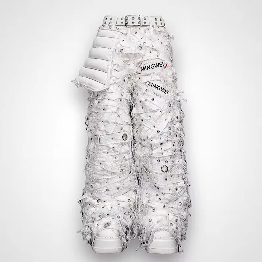 Custom Heavy Weight Metal Design Hip Hop White Oversized Plus Size Jeans Distressed Jeans Pants For Men