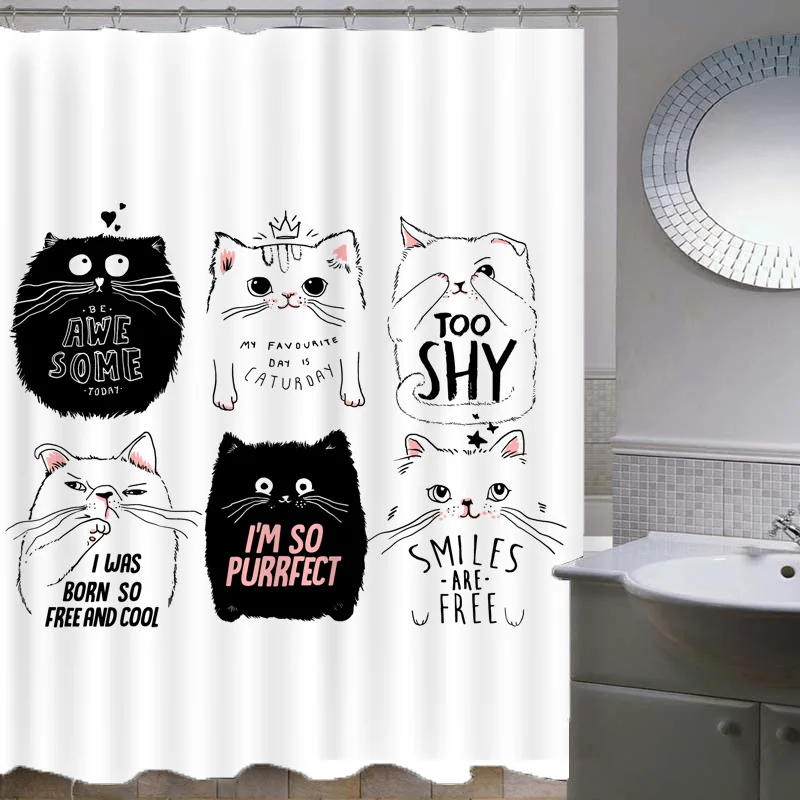 The 100% Polyester 3D Digital Printed Cartoon Cat Shower Curtain from China