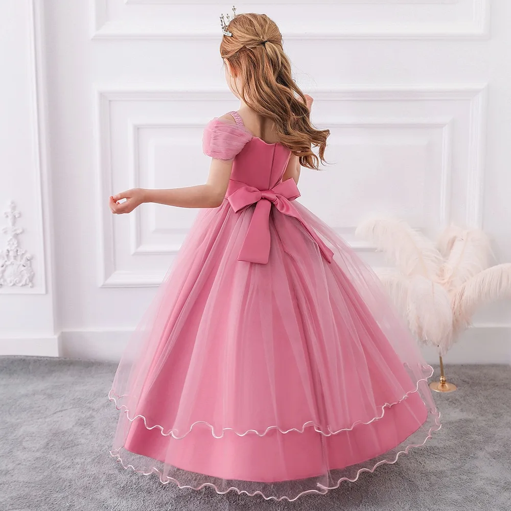 Top Sales Embroidery Puffy Sleeve Tulle Pink Baby Clothing Sets Girls Wedding Dresses Kids Princess Party Ball Gown Long Frock