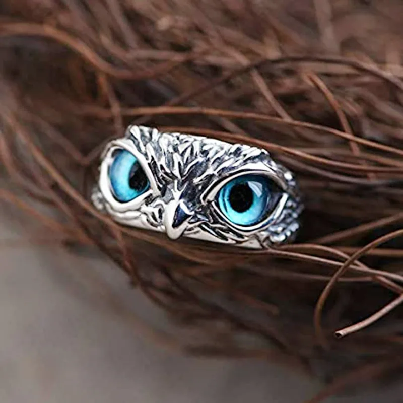 New Design Jewelry Fashion Finger Rings Open Adjustable Vintage Animal Blue Eye Owl Rings for Women Men