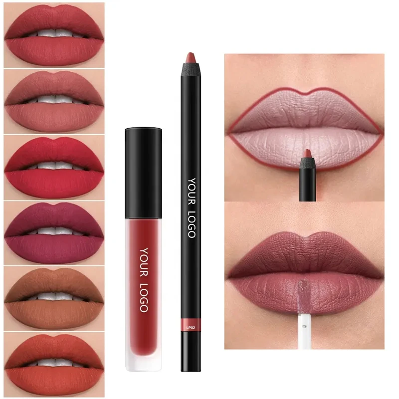 Vegan Matte 2 In 1 Lip Gloss Lip Liner Non Stick Cup Makeup Waterproof Long-lasting Custom Lip Set Cosmetics