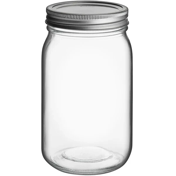 Choice 32 oz. Quart Wide Mouth Embossed Glass Canning / Mason Jar with Silver Metal Lid and Band