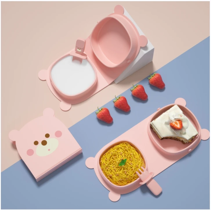 BPA phthalates free Dishwasher Safe toddler plates silicone kids dining soup plate with lid silicone baby dishes