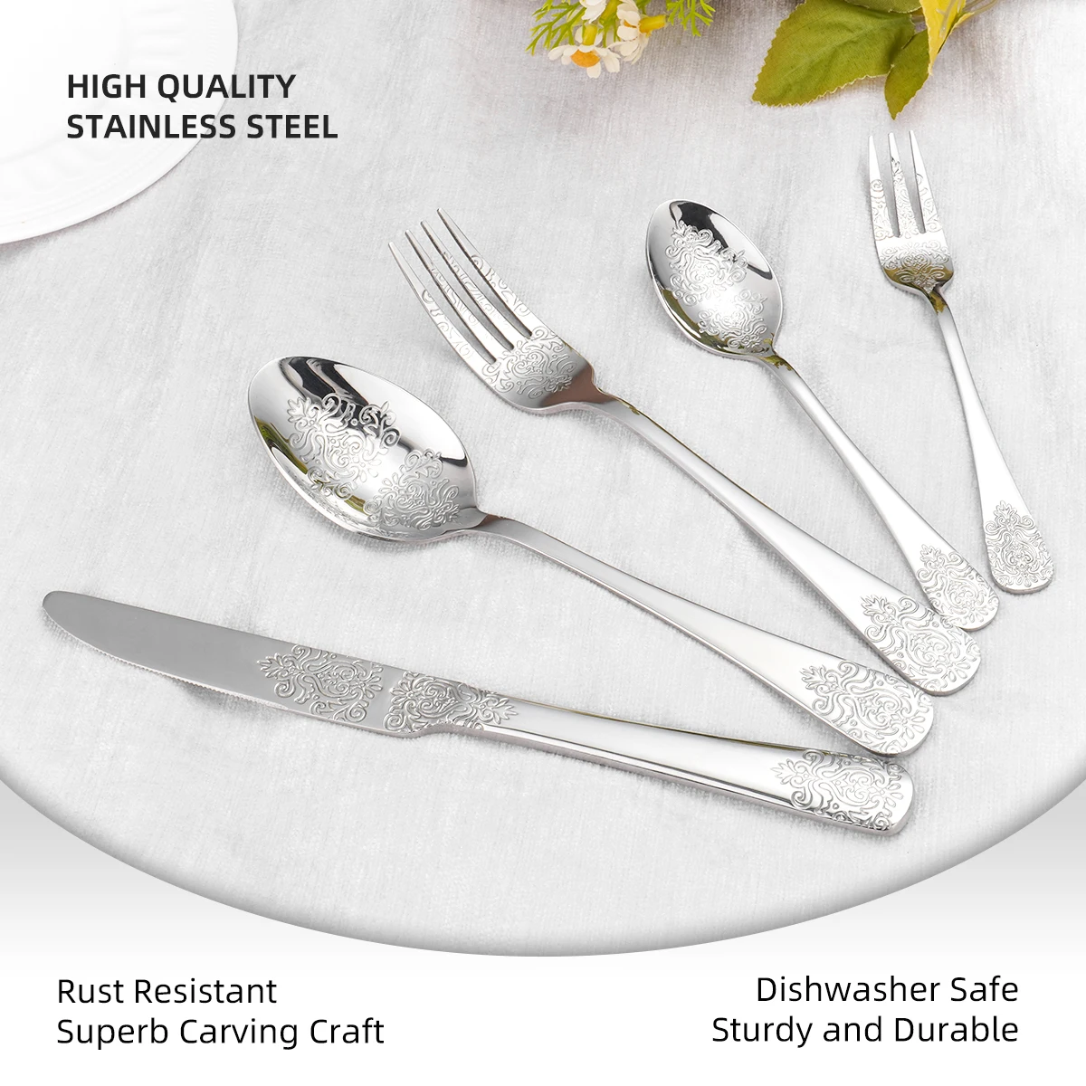 Middle East 5/65/200 Pcs Floral decorative Fork Knife And Spoon Silverware 3D Laser Cutlery Set Stainless Steel Flatware