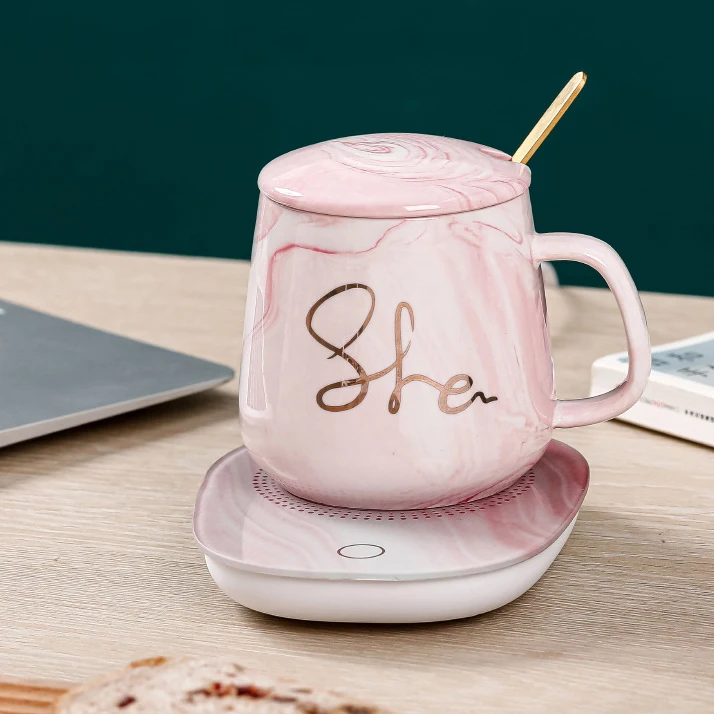 Electric Couples Design Self Heating Heated Warmer Ceramic Smart Coffee Mug With Heating Pad