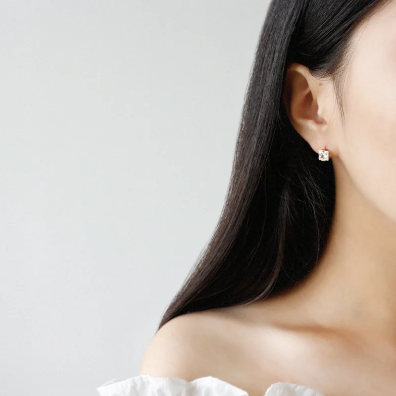 Custom S925 Sterling Silver Simple Geometric Square Zircon Earrings