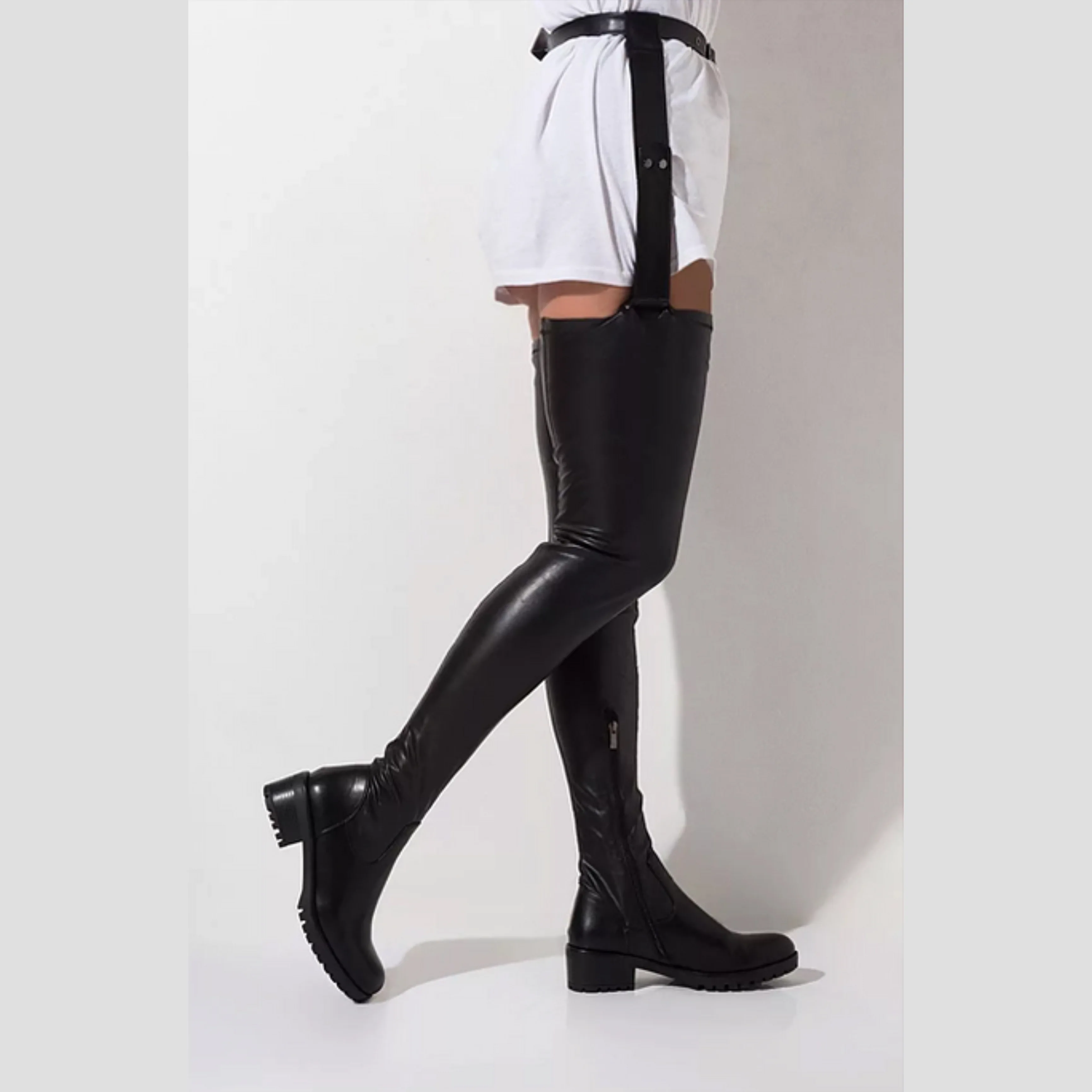 Women Sexy Waist Over the Knee Thigh High Black Stretchy Boots Buckle Belt Ladies Flat Heels Shoe Wholesale Drop Shipping