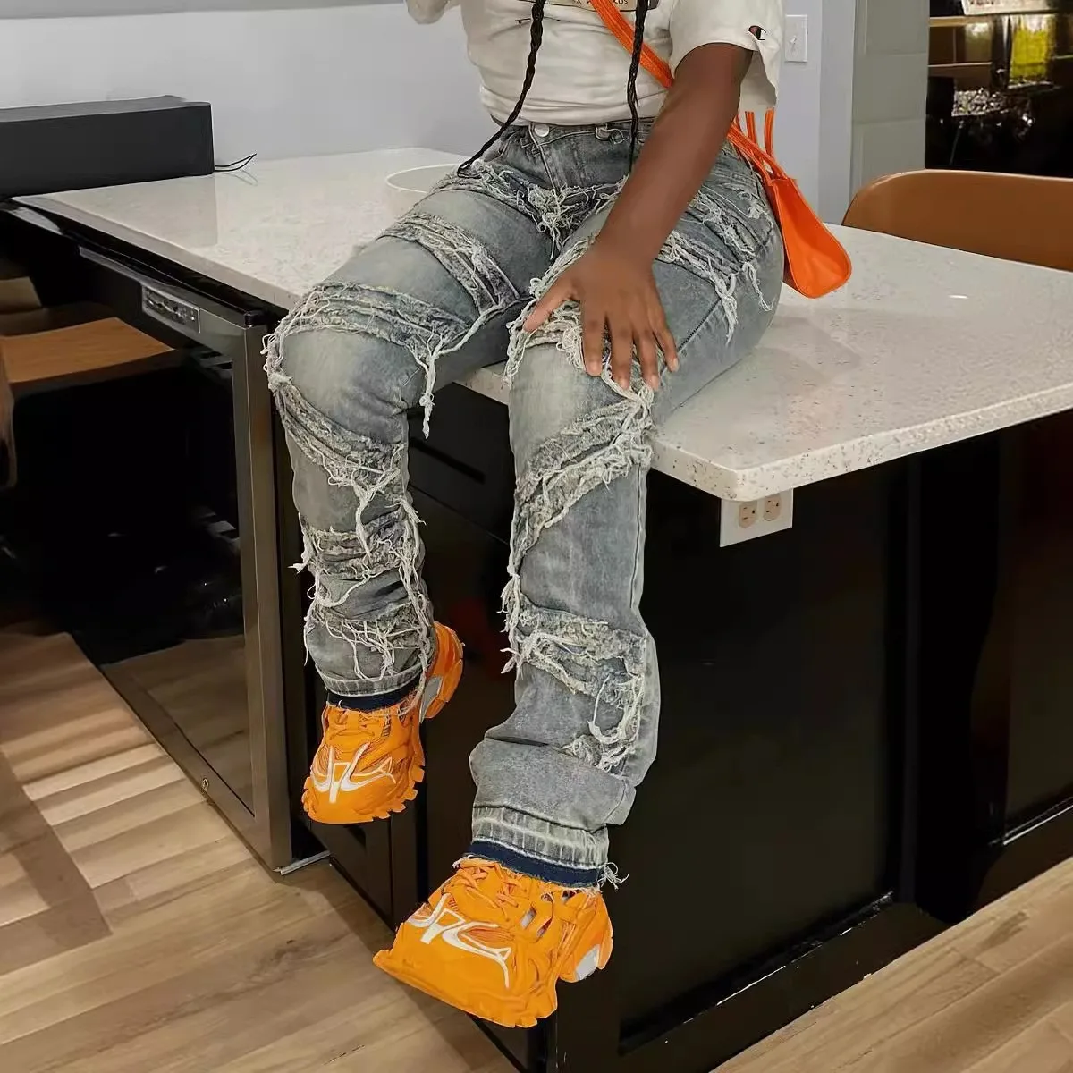 Custom Street Wear Ladies Jeans Stretched High Waist Ripped Patchwork Women Overalls Denim Jeans For Women