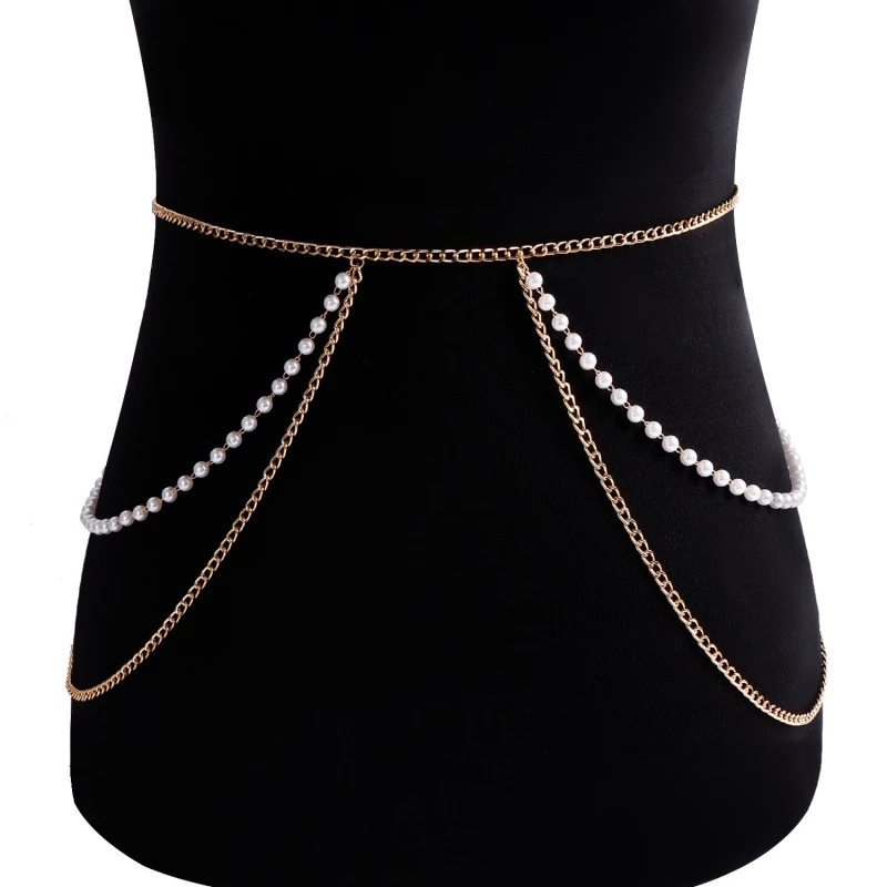 Sexy Multi-layer Waist Chain Jewelry Body Chain with Pearl and Rhinestone Stacking Metal Bold & Elegant Belt Chains