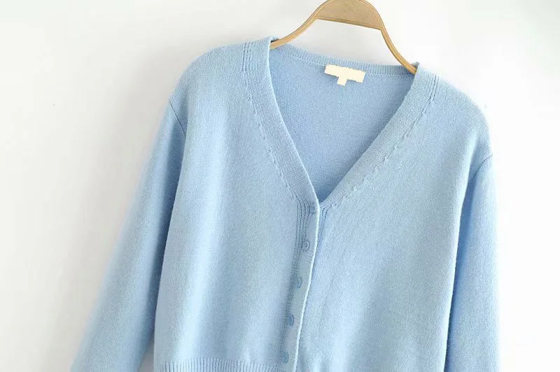 oem sweater 12gg V-neck button up plain cute girl cotton cardigan sweater ladies light blue spring summer crop card