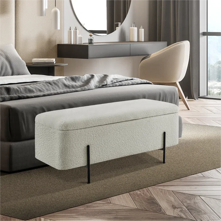 Boucle Storage Ottoman Teddy Fabric Upholstered Footstool Bed End Bench for Living Room Bedroom Entryway