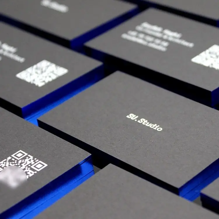 Luxury brand name printed embossed thick special white paper business card sheet with golden hot stamping color side edge